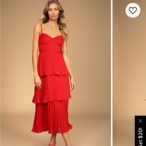 Cascading Crush Red Tiered Bustier Midi Dress